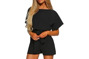 IMJONO ❤Liquidation Combishort Femme Romper Combinaison Short Chic Robe Plage D'Été avec Ceinture Couleur Unie Larges à col Rond et à Manches Courtes Pantalon Jumpsuit Combishort