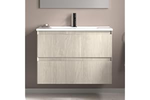 AMIZUVA - Conjunto de Mueble de Baño Suspendido Serie Talia, Incluye Lavabo Cerámico y Tirador Metálico, Acabado en Roble Blanco - Dimensiones 80x56,5x45 cm