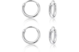 DTPsilver® 2 Paires de Boucles d'oreilles MINI Créole/Anneau en Argent Fin 925, Plaqué Or Jaune ou Or Rose - Cartilage/Hélix/Arcade - Très Fines: 1.2 mm, Diamètre Externe: 8, 10, 12 ou 10+12 mm