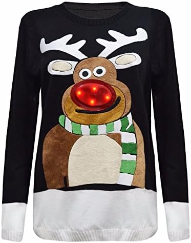 Stylon Unisex Men Women Ladies Xmas Novelty Vintage Christmas Light Up Jumper Sweater (Rudolph Lights Black, ML- (12/14))