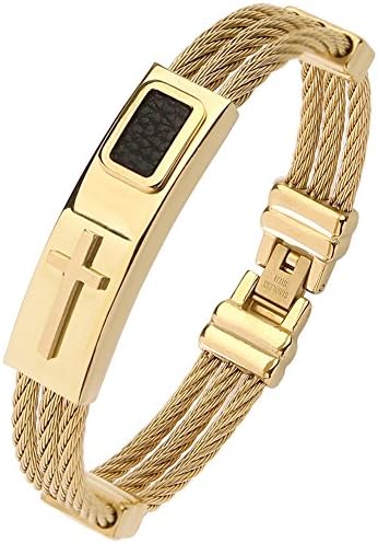 HCHIDS Men Punk Stainless Steel Wire Cross Bracelet Bangle Wristband(Golden)