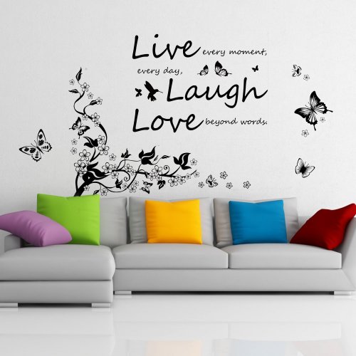 COM-Butt Vine + Vivid Live Laugh, Adhesivo mural despegable de vinilo de arte de calcomanías murales, mariposas bailando y ramas de árbol, además del mensaje llamativo Live Laugh Love (Vive, Ríe, Ama), color mezclado