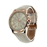 Valentinstag Uhren DELLIN Damenmode Genf römischen Ziffern Kunstleder analoge Quarz-Armbanduhr (Beige)