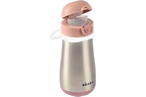 BÉABA, Cantimplora/Vaso Infantil de Acero Inoxidable 2 en 1 con Pulsador para Facilitar la Apertura - Sólido, Saludable, Asas extraíbles, Conservación de Frío/Calor, 350 ml, Rosa