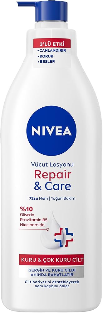 NIVEA Yoğun Nemlendirici Repair & Care Vücut Losyonu 400ml, 72 Saat Nemlendirime, Kaşıntılı ve Hassas Ciltlere Özel, Onarıcı, Gliserin,Pro Vitamin B5,Niasinamid,Kuru Ciltler