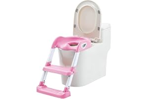 ARASO-UK LTD Potty Training Toilet Seat Trainer Kids Toilet Training Seat with Step Stool Fordable Portable Potty Chair with Adjustable Height Ladder Guard Handle Soft Cushion (Pink)