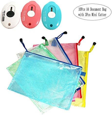 Aipark 10Pcs A4 Mesh Document Bag Transparent Plastic Portable Folders File Bags with 3Pcs Egg Shape Mini Cutter