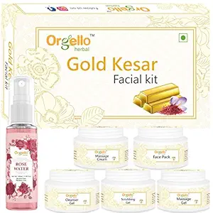 Orgello Herbal Facial Kit combo with Rose Water- Gold Kesar Facial Kit (5 x 50 g) + Rose Water (1 x 100 ml) for women men boys girls oily normal dry skin