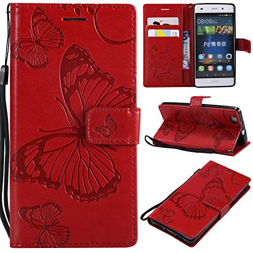 Preisvergleich Produktbild Huawei P8 Lite Hülle, Conber Lederhülle Handyhülle mit [Kostenlose Schutzfolie], PU Tasche Leder Flip Case Cover Emboss 3D Schmetterling Schutzhülle für Huawei P8 Lite - Rot