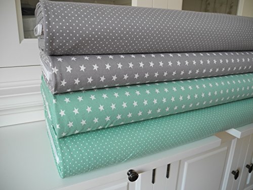 Lottashaus Jersey no3 Stoffpaket 4 Stück 50x70cm Mint Grau Tupfen Sterne Baumwolljersey Kinder Kleidung Stoffe - 2