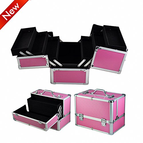 Popamazing Large Aluminum Waterproof Stylish Beauty Makeup Box Luggage Cosmetic Case (Pink)