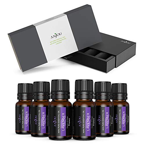 Set di 6 x 10 ml Oli Essenziali di Lavanda Anjou, Regalo Oli Naturali Puri Aromaterapia, Qualità Terapeutica Adatti per Diffusori, Umidificatori, Massaggio, Cura della Pelle e dei Capelli