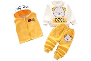 Odziezet Toddlers Warm Outfit Kids Hooded Sleeveless Vest Suit Baby Winter Three Piece Outfits Child Long Sleeve Sweatshirt Pants Sets Babies Cartoon Bear Clothes 0-4 Years