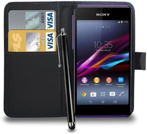Sony Xperia E1 Leather Wallet Flip Case Cover Pouch & Touch Stylus Pen + Screen Guard & Cleaning Cloth (Black)