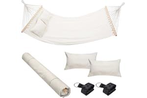 Bakaji Hamac de Jardin Double 2 Places 232 x 148 cm Barres transversales en Bois Revêtement en Polycoton avec 2 Coussins et Sangles Design Moderne pour Jardin Terre Camping (Beige)