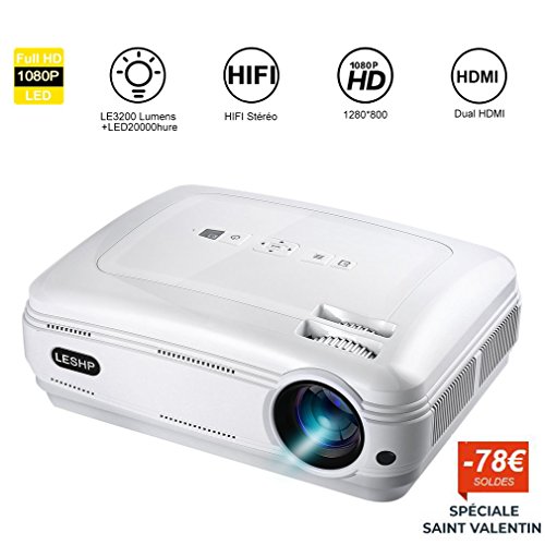 Vidéoprojecteur LED, ICOCO LESHP Support 1080P Projecteur Portable HD Portatif à Cristaux Liquides Projecteur Video Portable Supports Double HDMI / VGA / AV PC HD TV Rétroprojecteur Prix Idéal (Blanc)