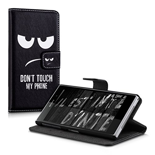 kwmobile HÃ¼lle fÃ¼r Sony Xperia Z1 - Wallet Case Handy SchutzhÃ¼lle Kunstleder - Handycover KlapphÃ¼lle mit Kartenfach und StÃ¤nder Don't touch my Phone Design WeiÃŸ Schwarz