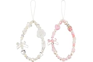 GORGECRAFT 2 Styles Perlé Téléphone Charms Sangle Main Téléphone Cordon Poignet Porte-Clés Rose Blanc Perles Détachables Chaîne de Téléphone Portable Doux Fraise Bowknot Coeur Perle Pendentif Empêcher
