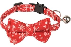 ZACAL Christmas Cat Collars with Bell - Safe, Quick Release Breakaway Collar | Adjustable to Fit Most Domestic Cats (Cat Collar (20cm - 30cm), Red with Snowflakes - Bow Tie)