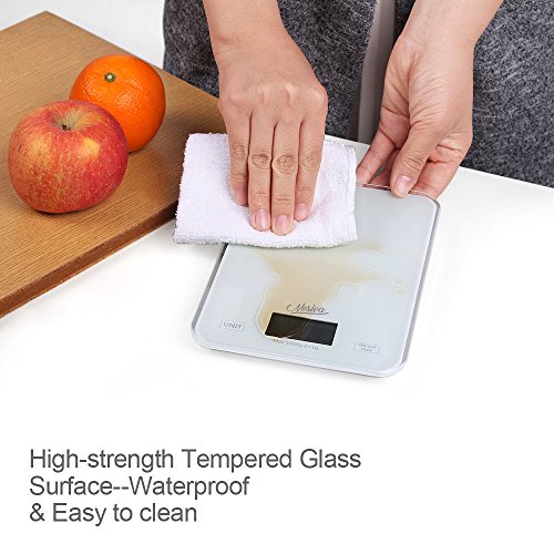 NOSIVA Digitale Küchenwaage mit großer LCD Anzeige – Weiss Hartglas Stand Waage für Lebensmittel/Kräuter/Kaffee, Hohe Präzision auf bis zu 1g (5kg Maximalgewicht) - 5