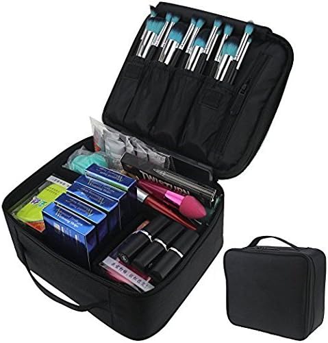 SAMTOUR Travel Makeup Train Case Makeup Cosmetic Case Organizer Electronic Accessories Organizer Bag Portable Multifunctional Makeup Brushes Storage Bag with Adjustable Dividers for Cosmetics Toiletry (black)