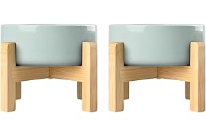 SPUNKYJUNKY Juego de Cuencos elevados de cerámica para Perros y Gatos con Soporte de bambú (850 ml, Verde Claro)