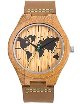 Holzuhr UWOOD Classic Casual Holz Bambus Uhr Kalb Rindsleder Echt Leder Uhr Bambus(Map Bambus) …