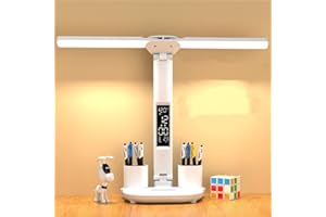 KISUFU Lampe de bureau LED à double tête avec horloge et écran de température, 3 températures de couleur, lampe de table de 3200 mAh avec porte-stylo, contrôle tactile, pour le bureau à domicile