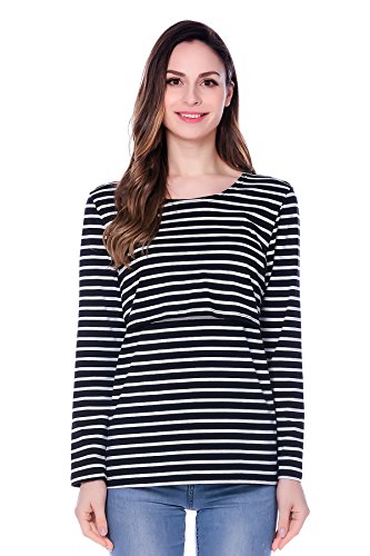 Bearsland Women's Striped Breastfeeding and Nursing Top - UK size 10-12 - Black