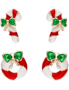 MYA art Damen Mädchen Weihnachts Ohrringe Ohrstecker Set mit Zuckerstange Kranz Grün Gold Rot Weiß MYA-MODOHR-7
