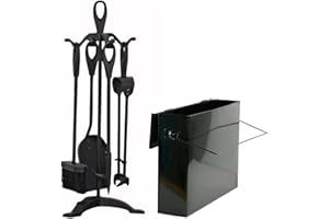 Trendi Fireside Ash Carrier Metal Hot Tidy Box Container/15L Ash Bucket with Lid| Fireplace Pan Bucket Bin| with 5 Piece Cast Iron Loop Design Companion Set (Companion Set + Black Ash Box)