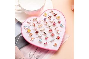 JIAMIAN 36 Piezas Niña Anillos, Los Anillos Ajustables, Anillo Princesa Niña, Con Caja En Forma De Corazón, Para Niños Cumpleaños Fiesta Regalo (Estilo Aleatorio)