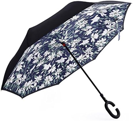 Reverse Folding Double Layer Car Use Umbrella, Inverted Umbrella with C Shape Hands Free Handle, Windproof UV Cut Inside-Out Folding Self-standing Umbrella
