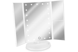 Navaris Miroir Lumineux LED 3 Faces à Poser - Miroir Maquillage Triptyque Pliable sur Pied avec Effet Grossissant x2 x3 - Pile ou USB - Blanc