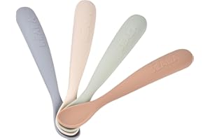 BÉABA, Lot de 4 Cuillères en Silicone Bébé/Enfant 1er Âge - Dès 4 mois, Souple - Bout arrondi - Manche long et Ergonomique, Finition Anti Poussière, Silicone non collant, Natural