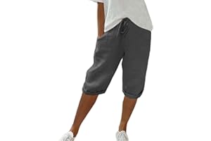 CHANPNING Short d'été décontracté en Coton et Lin avec Cordon de Serrage à la Taille et Poches pour Femme - Short de randonnée - Longueur Genou - Vêtement de détente Taille Haute - Pantacourt