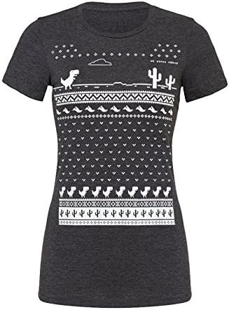 Womens Glow in the Dark Geeky Dinosaur Christmas T-shirt - Charcoal - Alternative to the Christmas Jumper (Medium - UK 10)