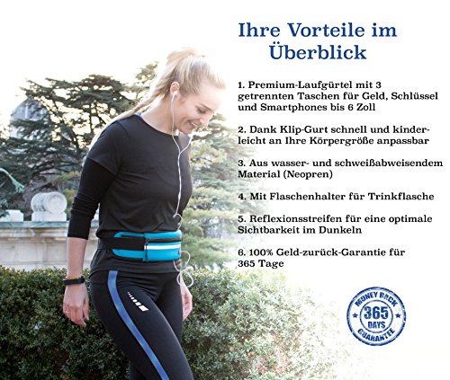 Laufgürtel Esportista (wasserabweisend & verstellbar) für Handy, Smartphone (6 Zoll), Schlüssel, Geld – Hüfttasche mit Reißverschluss, Kopfhörerausgang und Flaschenhalter (Trinkgurt) – Farbe blau - 6
