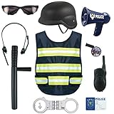 Conjunto se compone de: 1 x chaleco, 1x Placa policial, 1x Megáfono de la policía, 1x Casco, 1x Asignar ,1 x Intercomunicador, 1 x Esposas, 1 x silbato, 1 x Tarjeta de empleado, 1 x Gafas de protección, 1 x Spontoon