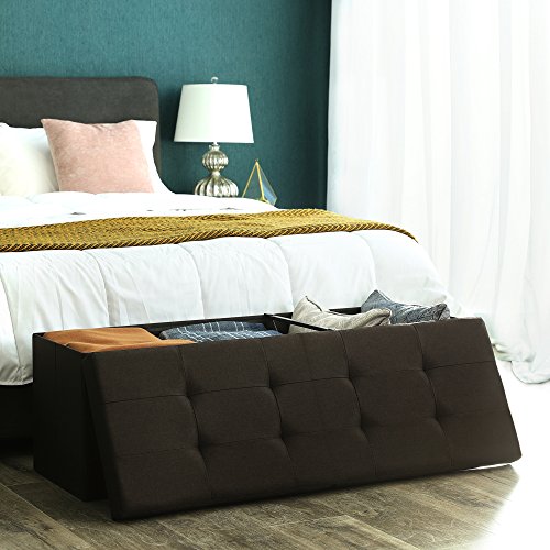 SONGMICS 120 L grand Pouf Coffre de Rangement Sofa Repose-pied Pliable pour 3 personnes tissu en lin brun LSF77Q