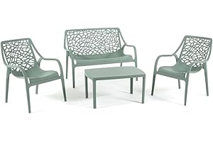 SIEDITI FUORI E DENTRO Juego de salón de jardín y exterior de polipropileno con fibra de vidrio de 4 plazas, sofá de 2 plazas, 2 sillones y mesa, apilable, impermeable, diseño moderno – Set Maratea (verde salvia)
