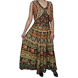 Womens Jungle Love Printed Long Dress Handmade Block Print Sleeveless Beach Sundress L