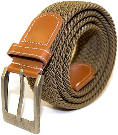 Mens Expanding Belt - One Size 36 Waist to 60 Waist Plus Size Elasticated Woven Single Colour Leather (Tan)