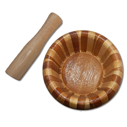 Design Bambus Mörser Holz mit Stößel Echtholz Mörser holzmörser knoblauchpresse gewürzmühle - 2