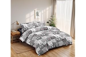 Etrexonline Juego de Funda Nórdica 4 Piezas Cama 150 Microfibra Extra Suave Transpirable - 1 Funda Edredón 240x220 cm, 1 Bajera 150x200+28 cm y 2 Fundas de Almohada 50x90 cm (Color Gato Gris)