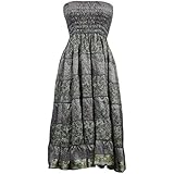 Mogul Interior Ladies Dress Grey Smocked Bodice Strapless Gypsy Long Skirts M...