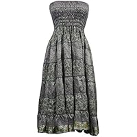 Mogul Interior Ladies Dress Grey Smocked Bodice Strapless Gypsy Long Skirts M...