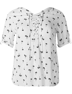 C&A Damen Sommerbluse Große Größen XXL Übergröße Schnürung Vorderseite Lace-up V-Ausschnitt Palmen exotisch weiß