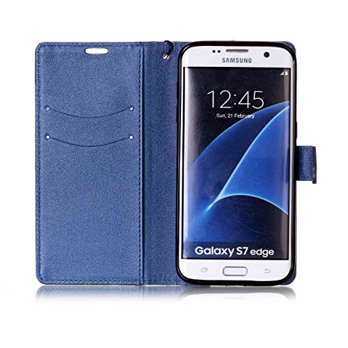 Galaxy S7 Edge Hülle,Samsung S7 Edge Leder Case,Sunroyal PU Leder Brieftasche Schutzhülle Tasche Handyhülle Schutz Hüllen im Bookstyle Ledertasche mit Stand Funktion Kartenfächer Magnetverschluss Magnet Etui Schale Schutzhüllen,Retro Schwarz Dunkel Blau Muster Entwurf Flip Klapp Cover Tasche mit Strap Kartensteckplatz Hinterschale Kartenschlitz mit Silikon Kratzfest für Samsung Galaxy S7 Edge + HD Super Klare Displayschutzfolie - 4