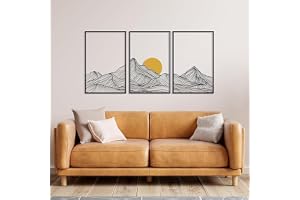 Mountain Wall Art, 3 Pcs Metal Mountain Sun Line Wall Decor, Black Home Abstract Minimalist Rustic Nature Decorations for Bathroom Living Room Gifts(Black)
